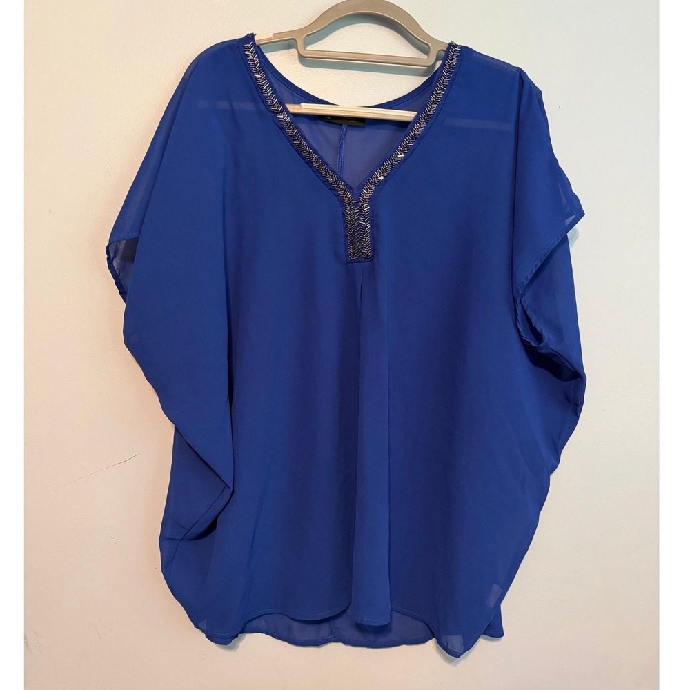 Annabelle USA 2XL Royal Blue Beaded V-Neck Chiffon Poncho Blouse 1892